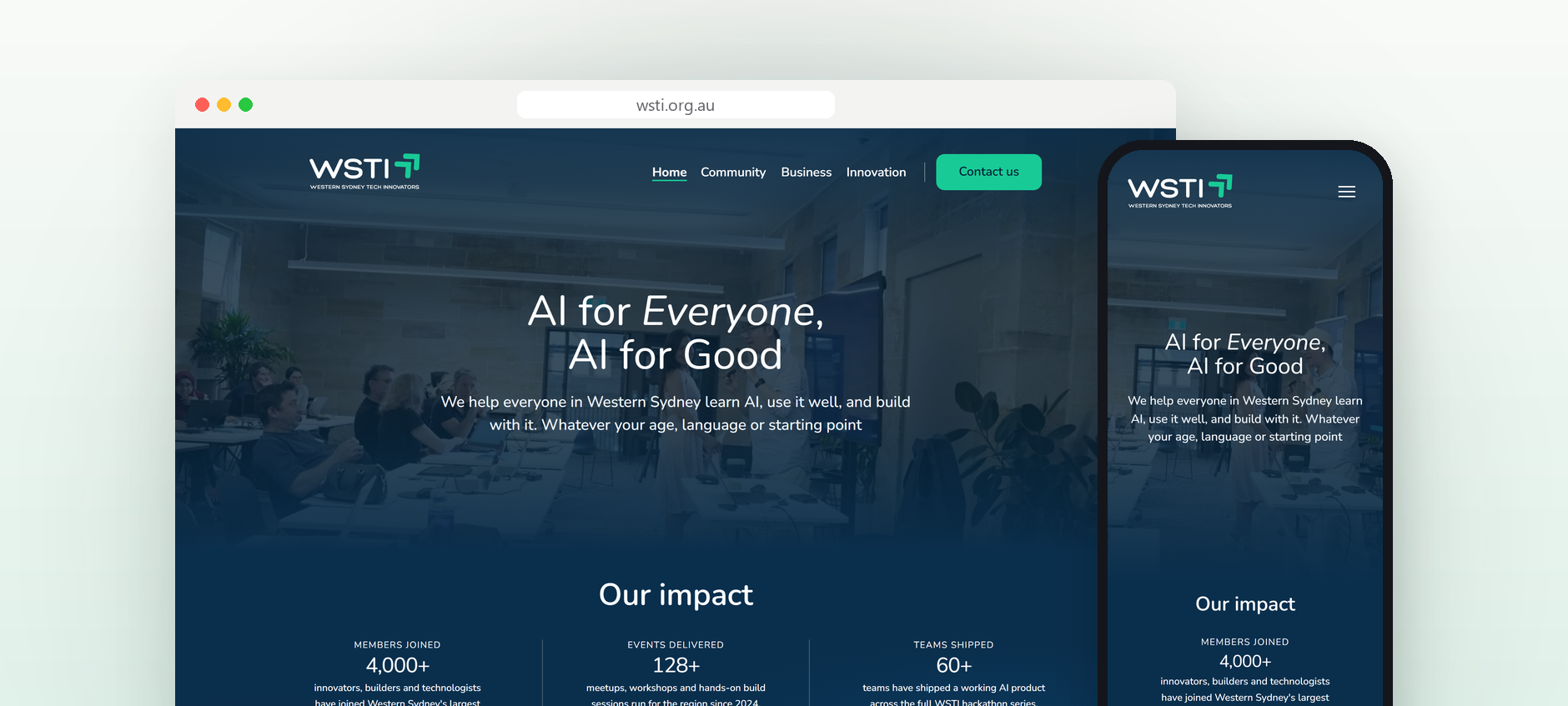 wsti.org.au homepage “AI for Everyone, AI for Good” in a desktop browser beside the same page on a phone, above the Our impact figures